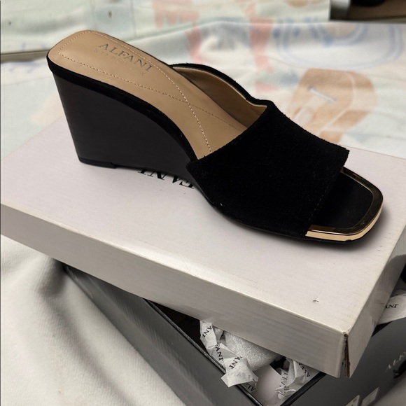 Alfani Black Suede Open-Toe Wedge Mule with Gold Accent - Picture 2 of 7